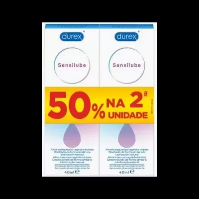 Dois frascos de lubrificante íntimo Durex Sensilube com promoção 50% na 2ª unidade
