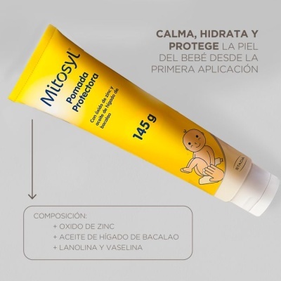 Tubo amarelo de pomada protetora Mitosyl 145g com ilustração de bebé e texto em espanhol