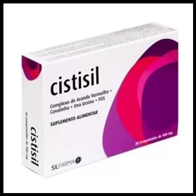 Embalagem de suplemento alimentar Cistisil com design branco e roxo