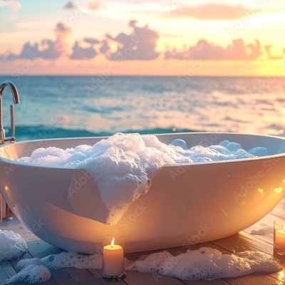 Banheira branca oval com espuma e velas num cenário junto ao mar ao pôr do sol