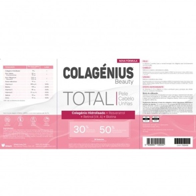 Rótulo rosa e branco do suplemento Colagénius Beauty TOTAL com ingredientes e informações nutricionais
