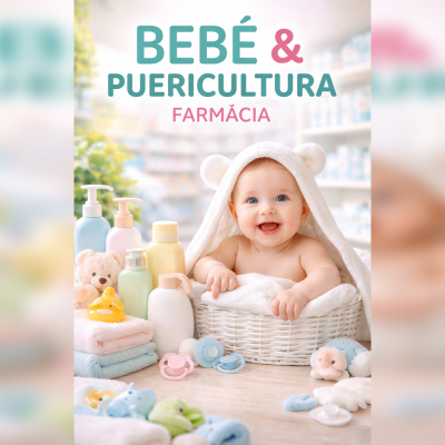 Bebé sorridente num cesto rodeado por produtos de puericultura e texto de farmácia