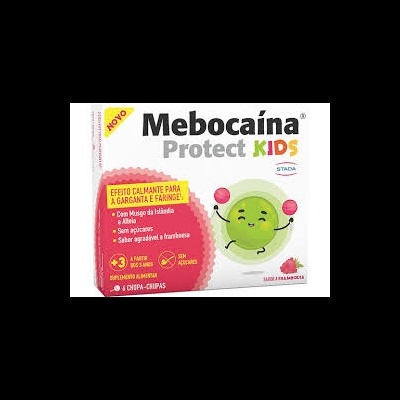 Embalagem de pastilhas Mebocaína Protect KIDS com ilustração e texto em português