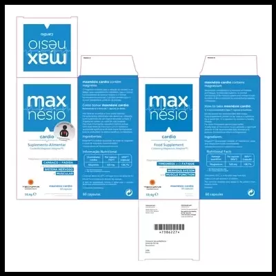 Embalagem do suplemento alimentar Max Nésio Cardio azul e branca com texto informativo