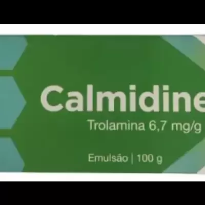 Embalagem verde de Calmidine com texto e ícones médios