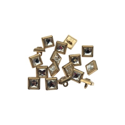 Botões quadrados dourados com pedra transparente e borda detalhada