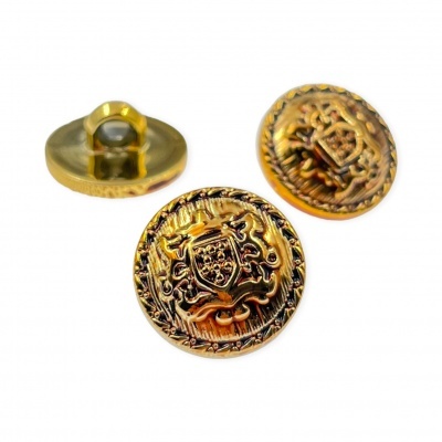 Botões dourados com brasão em relevo sobre fundo branco