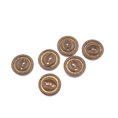 Cinco botões redondos castanhos com detalhes dourados