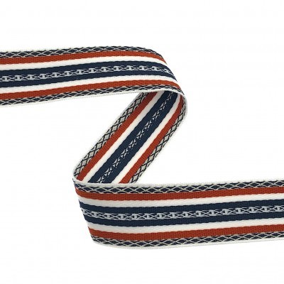 Fita têxtil decorativa riscada azul, branco e vermelho