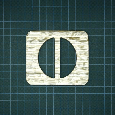 Objeto quadrado texturizado bege com recorte oval e faixa vertical centro sobre fundo quadriculado