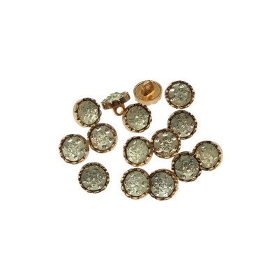 Botões pequenos redondos com textura prateada e borda dourada