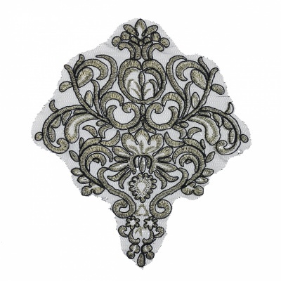 Aplicação bordada em tecido com padrão floral dourado e cinza