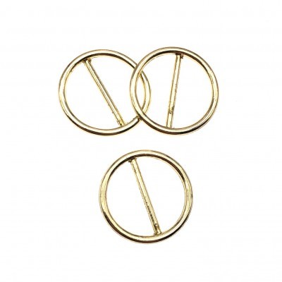 Três fivelas redondas douradas em metal com barra central