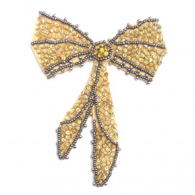 Laço decorativo amarelo com lantejoulas e contas prateadas