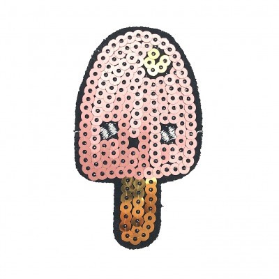 Patch em forma de gelado cor-de-rosa com lantejoulas e detalhes amarelos e castanhos