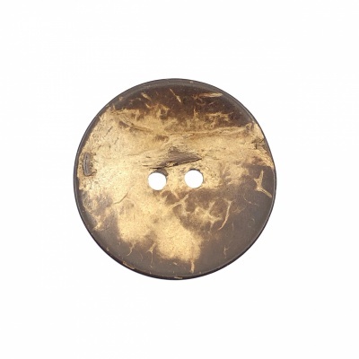Botão redondo castanho com manchas douradas e dois buracos