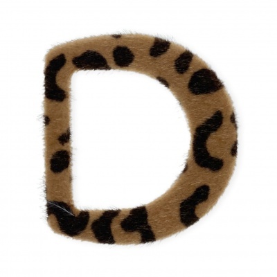 Letra D peluda com padrão leopardo castanho e preto