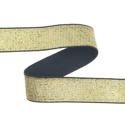 Fita decorativa metálica dourada e preta com textura e bordas escuras