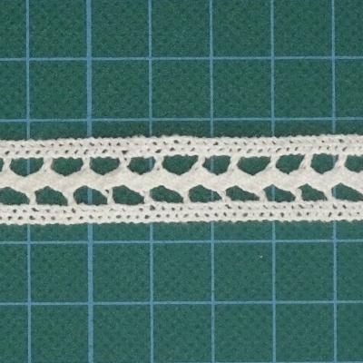 Renda branca com padrão geométrico sobre fundo verde quadriculado