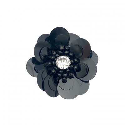 Broche flor preto com lantejoulas, contas e pedra brilhante no centro