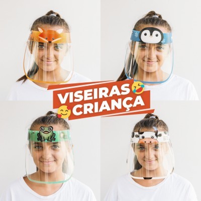 quatro viseiras de proteção para crianças com desenhos animados em faixas coloridas