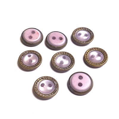 Botões redondos rosa claro e lilás com borda metálica dourada envelhecida