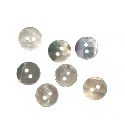 Sete botões redondos de madrepérola com dois buracos sobre fundo branco