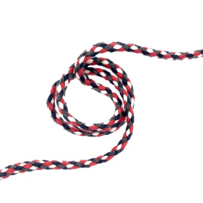 Cordão trançado azul, vermelho e branco sobre fundo branco