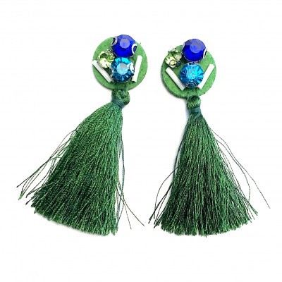 Brincos verdes com pedras azuis e tassel