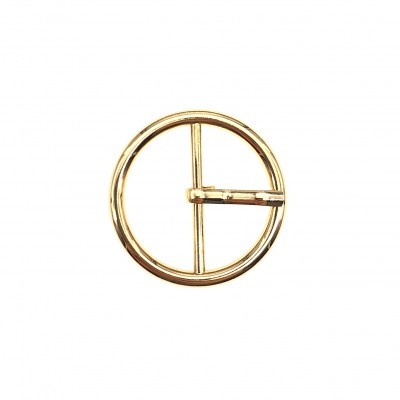 Fivela metálica dourada circular com barra central