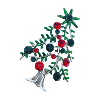 Broche de ramo de azevinho com pedras vermelhas e verdes