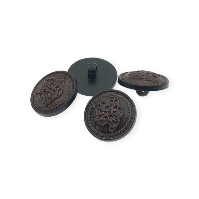 Quatro botões castanhos com padrão em espiral e fecho tipo agulha