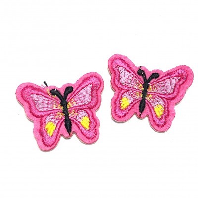 Emblemas bordados de borboletas rosa com detalhes amarelos e pretos