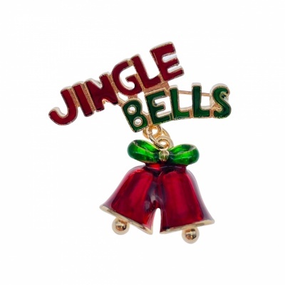 Broche com campainhas vermelhas e texto JINGLE BELLS em cores natalícias