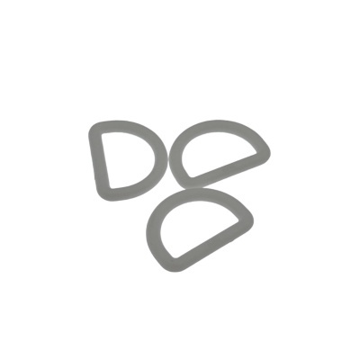 Três argolas metálicas cinzentas em forma de meia-lua sobre fundo branco