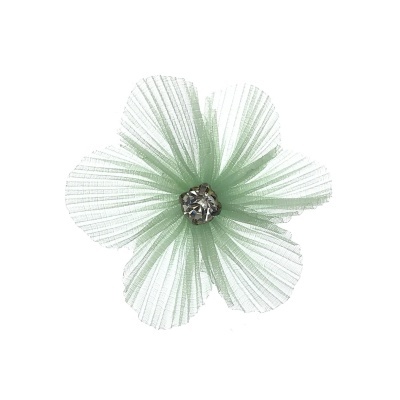 Flor decorativa verde esbranquiçada em tecido com centro prateado