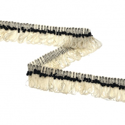 Franja têxtil bege e preta com franjas soltas