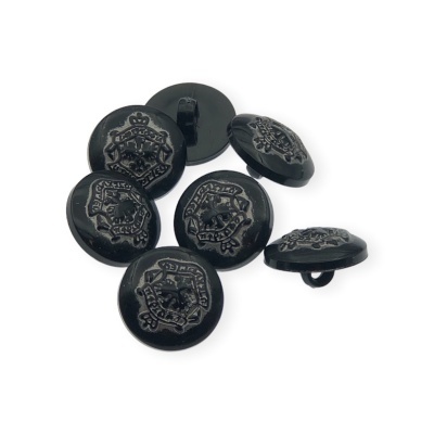 Botões pretos redondos com relevo de brasão