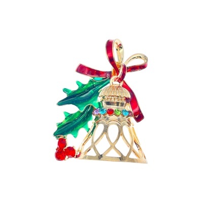Pin festivo dourado em forma de sino com detalhes vermelhos e verdes