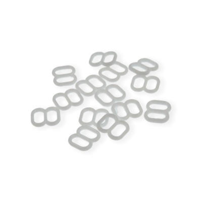 Fivelas pequenas de plástico branco translúcido em forma de 8