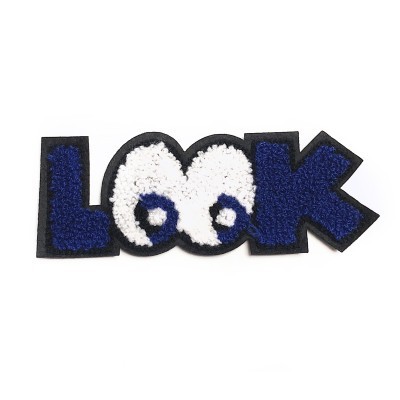Aplicação em tecido com a palavra LOOK em azul e branco com textura felpuda