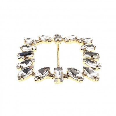 Fivela quadrada dourada com pedras transparentes e pretas facetas