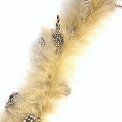 Pluma amarela com penas pontilhadas pretas e brancas