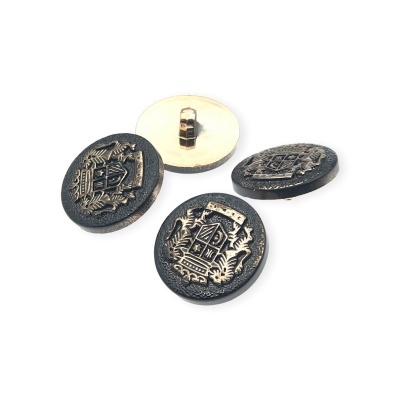 Botões redondos de metal preto e dourado com brasão em relevo