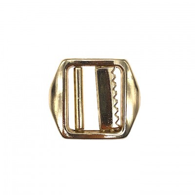 Fivela metálica dourada com barras e dentes serrilhados