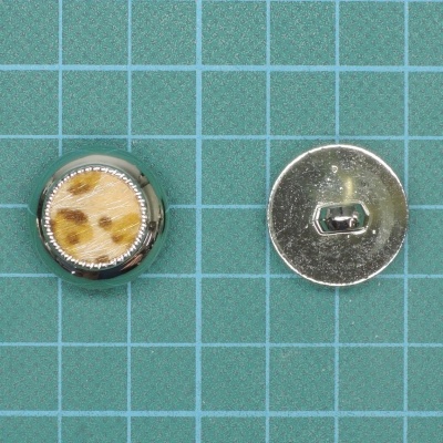 Botões redondos metálicos com padrão de madeira no centro