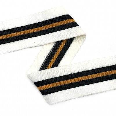 Fita têxtil branca com faixas preta e castanha paralelas
