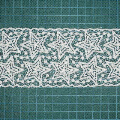 Renda branca com padrão de estrelas sobre fundo quadriculado verde