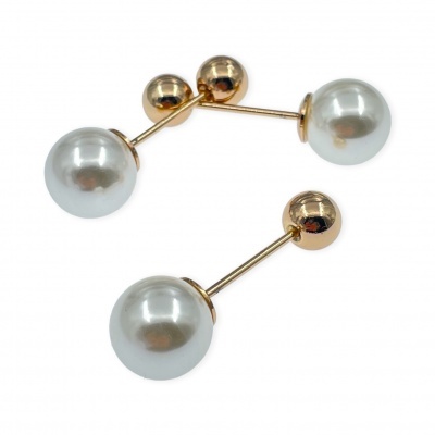 Brincos de pressão com bolas douradas e pérolas brancas