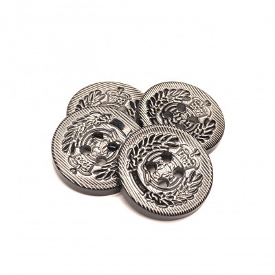 Botões metálicos prateados com coroa e cruz em relevo